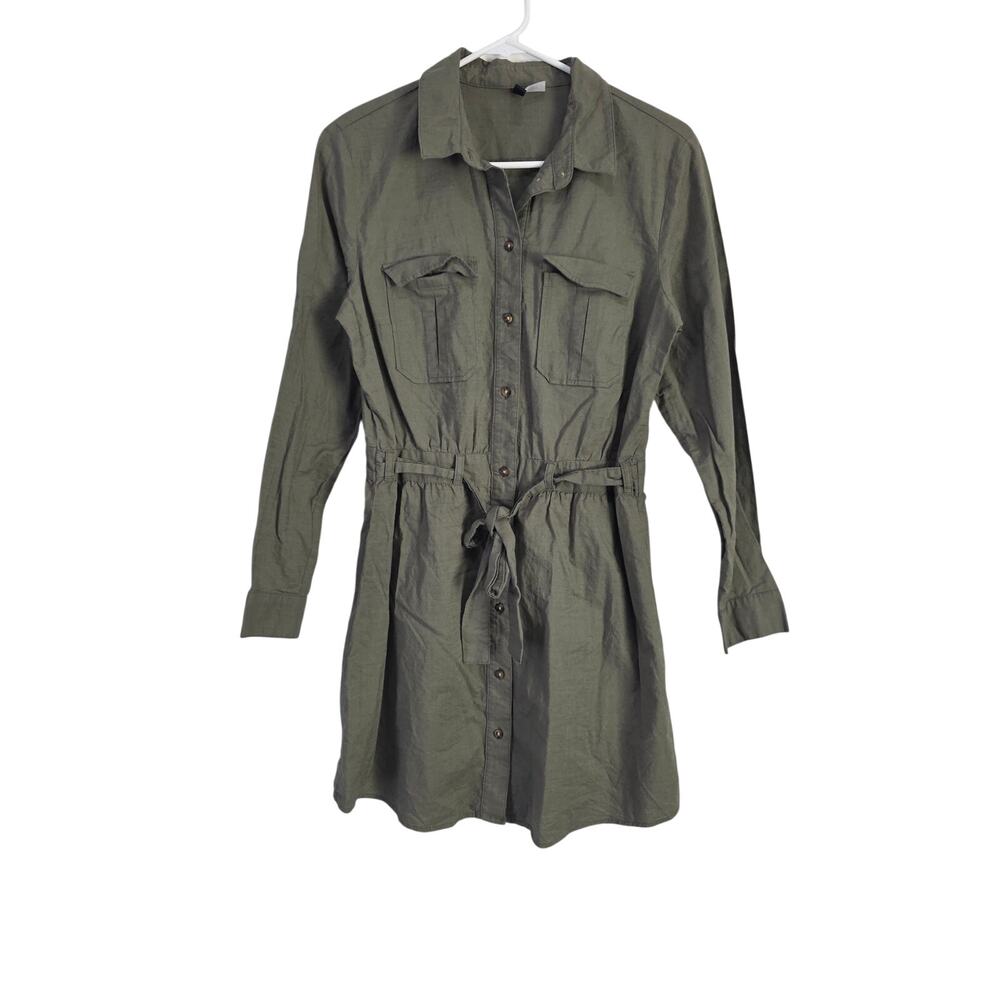 H&M Divided Button Front Long Sleeve Top M Womens Green Cotton Tie Front Classic